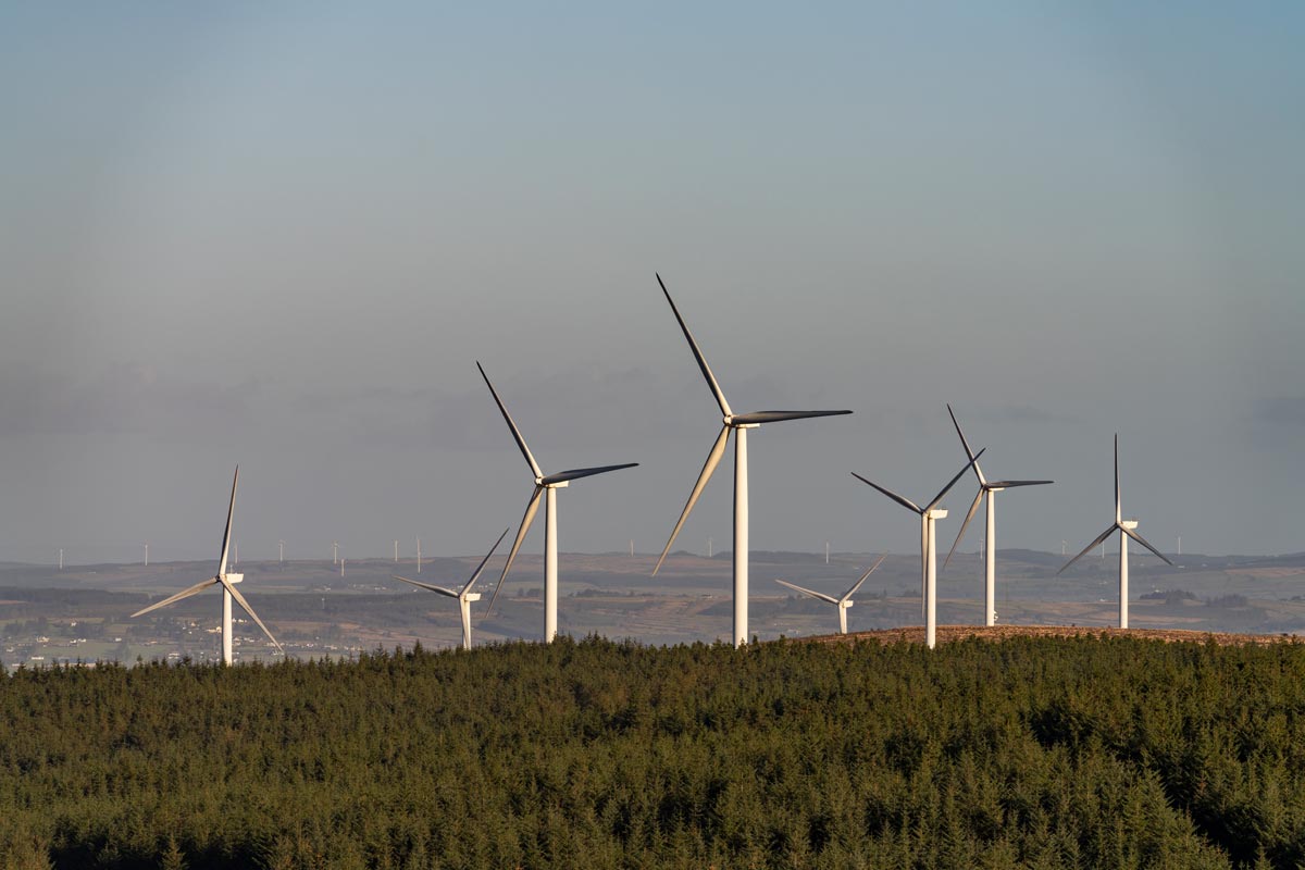 Wind turbine surrounded by large fields